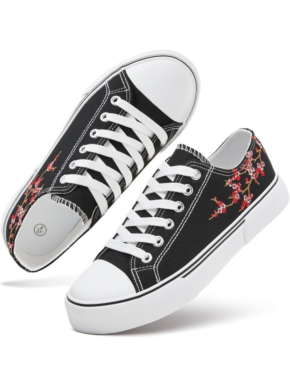 Women's Black Embroidery Flower Low Top Canvas Slip on Casual Tennis Sneaker